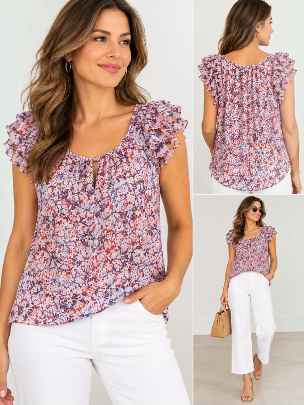 Banana Republic XL Ruffle Shoulder Floral Print Blouse Red Blue Pink Sleeveless